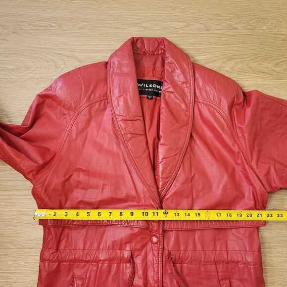 Wilson Red Leather Jacket Womens Size Medium Two Button Waistband Tie READ - Picture 6 of 15